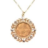 Victorian gold half sovereign 1892, within two-colour pendant mount on 9ct gold chain