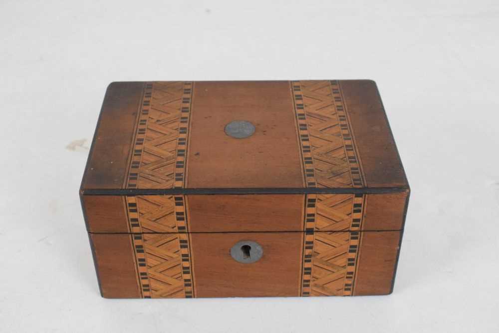 Brass bound rosewood campaign box, walnut writing box, and parquetry inlaid box - Image 13 of 16