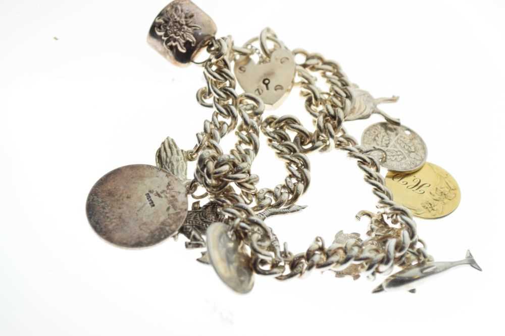 Silver double-link charm bracelet, attached various charms, and a silver hinged bangle - Image 4 of 6