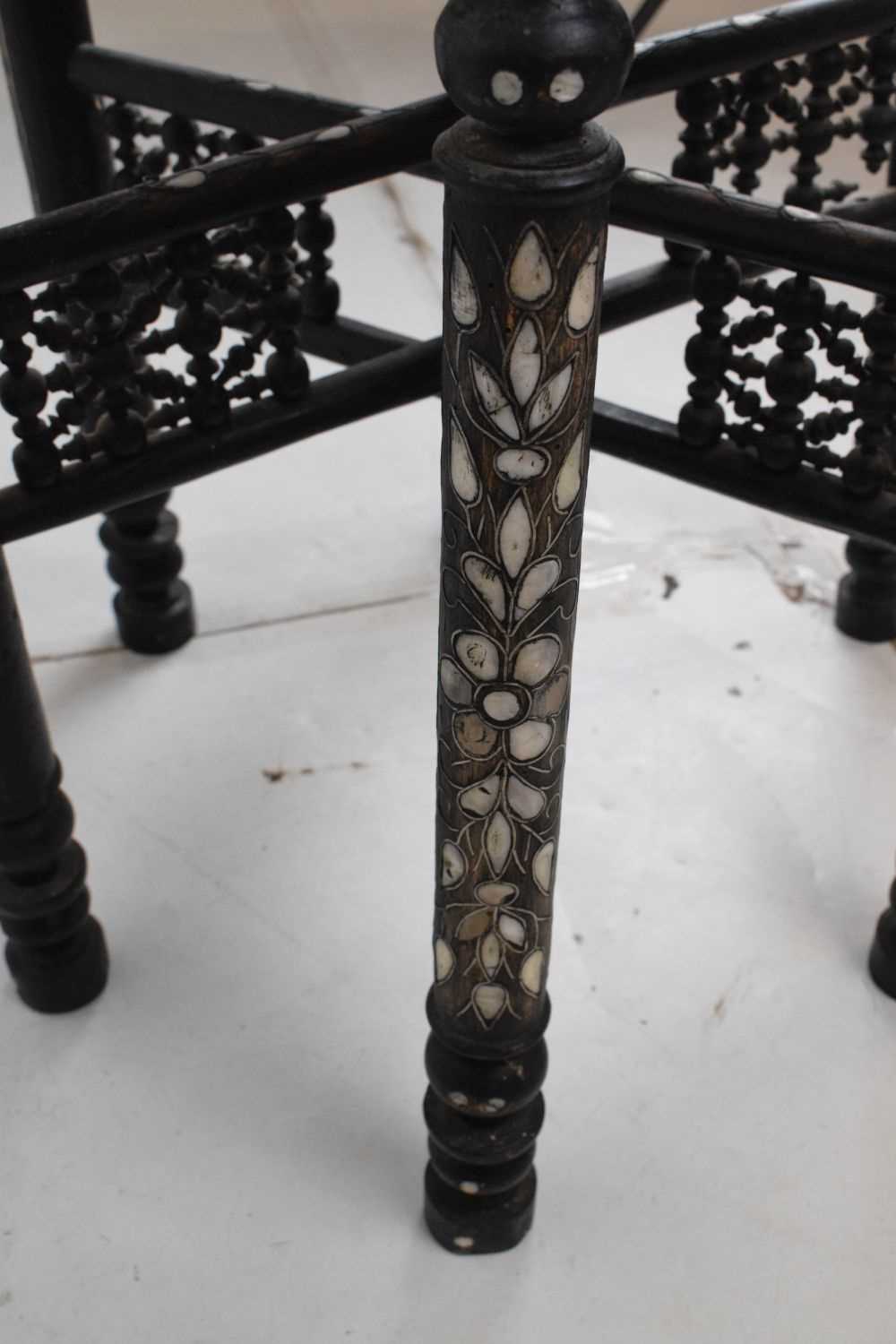 Ebonised and inlaid brass top Benares style table - Image 8 of 14