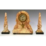 Veined alabaster three-piece clock garniture