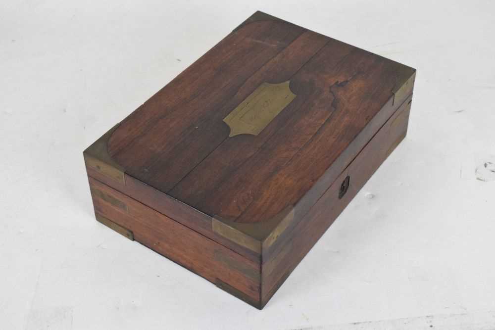 Brass bound rosewood campaign box, walnut writing box, and parquetry inlaid box - Image 10 of 16