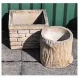 Square brick effect Sandford Stone garden planter, together with a tree-trunk effect planter