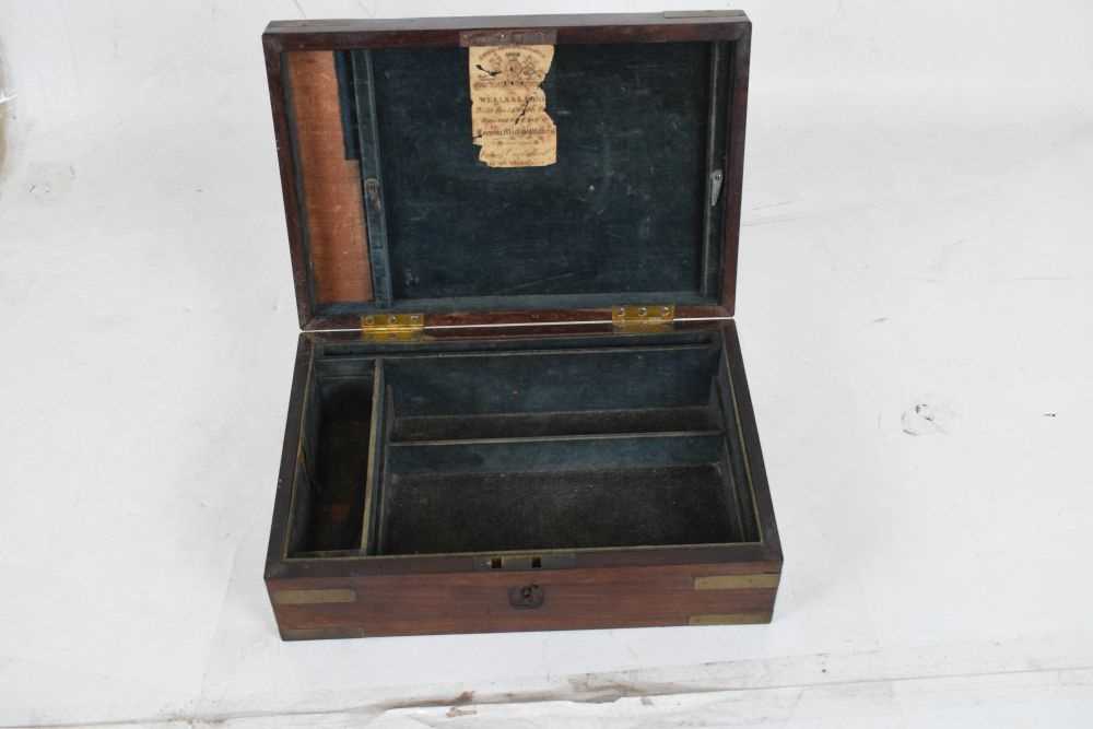 Brass bound rosewood campaign box, walnut writing box, and parquetry inlaid box - Image 11 of 16