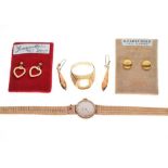 Lady's 9ct Omega cocktail watch, 9ct gold earrings, etc.