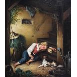 19th Century English School - Oil on canvas - Boy sleeping with dog