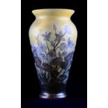 Galle cameo glass vase - purple glass overlaid on citron body, cut with flowers and foliage