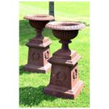 Pair of Victorian cast iron garden urns on pedestal bases