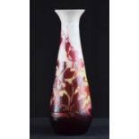 Galle cameo vase - red and pink glass overlaid on opaque glass body, cut with fuschias
