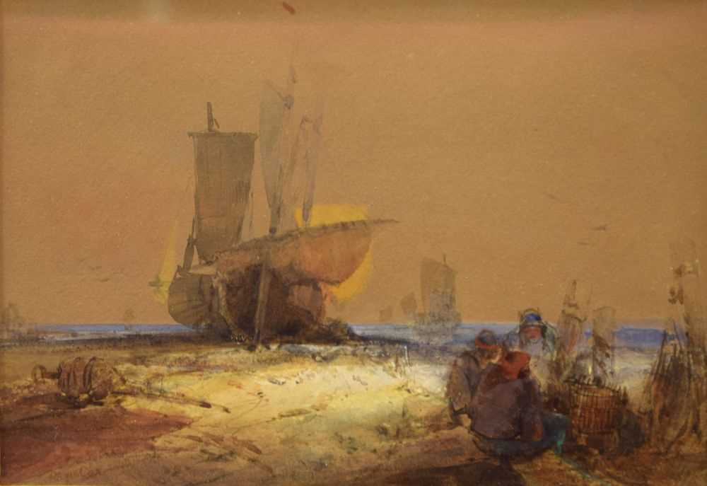 'David Cox' - Mid 19th Century watercolour - Fishermen near boats at low tide
