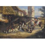19th Century oil on canvas - Crashed dog cart beside a cottage