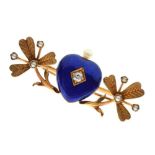 Edwardian diamond, seed pearl and enamel sentimental brooch,