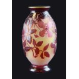 Galle cameo vase - red glass overlaid on frosted body, cut with trailing flowers and foliage