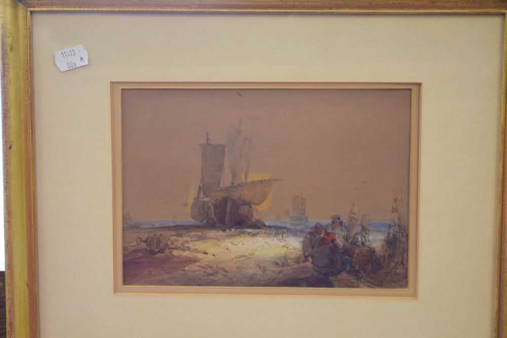 'David Cox' - Mid 19th Century watercolour - Fishermen near boats at low tide - Image 2 of 7