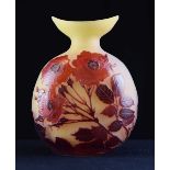 Large Galle cameo glass vase, red glass overlaid on frosted citron body, cut with roses