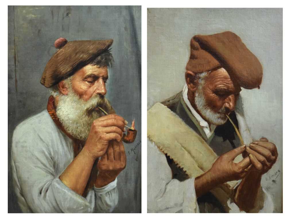 Salvatore Maresca (Italian circa 1900) - Oil on board - Pair of studies of pipe smokers