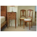 19th Century French inlaid walnut night cupboard and two bedroom chairs