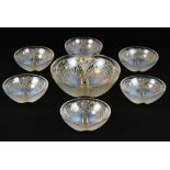 Rene Lalique 'Coquilles' opalescent glass set of one large and six small bowls