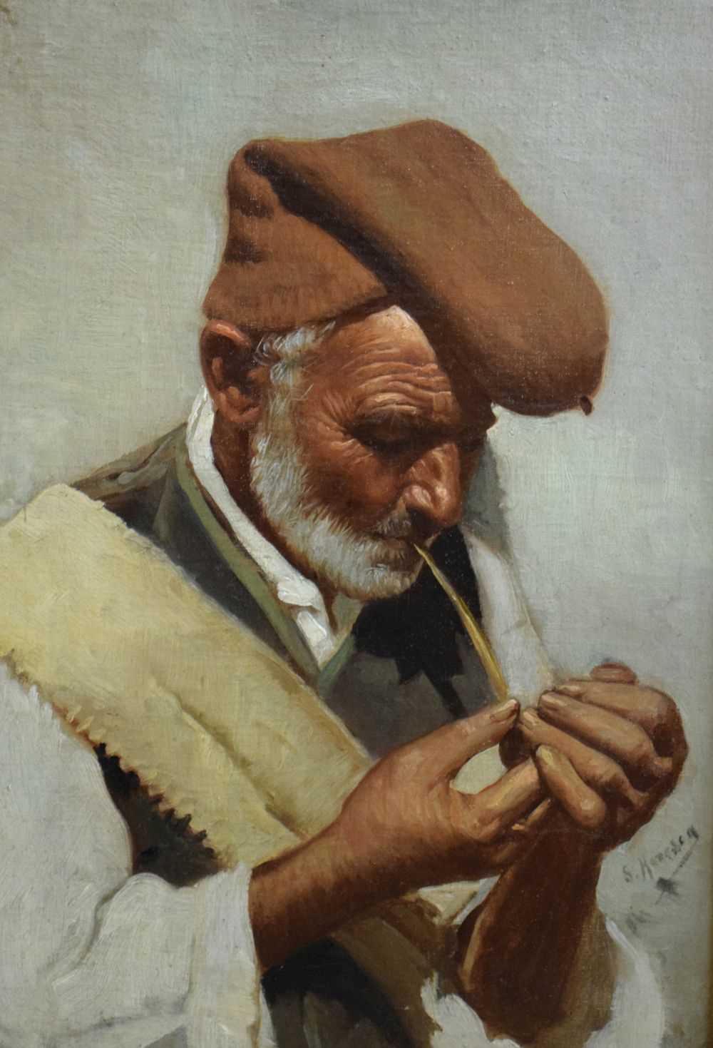 Salvatore Maresca (Italian circa 1900) - Oil on board - Pair of studies of pipe smokers - Image 4 of 7