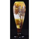 Galle cameo vase - brown glass overlaid on frosted opaque body with citron, cut with trees
