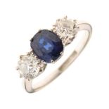 Three stone sapphire and diamond ring,