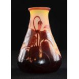 Gallé – Cameo glass vase, red and pink glass overlaid on citron body
