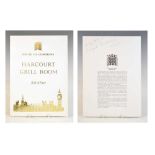 Thatcher, Margaret (1925-2013) - Signed Harcourt Grill Room menu