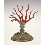 Unusual branched Mediterranean red coral specimen on silver stand