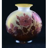 Galle cameo glass flask - red glass overlaid on frosted citron body, cut with roses