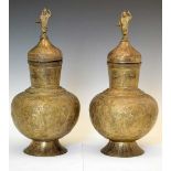 Pair Indian baluster lidded metal vases