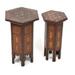 Two Middle Eastern parquetry and mother-of-pearl inlaid hexagonal occasional tables or lamp stands