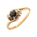 9ct gold, sapphire and diamond three-stone crossover ring
