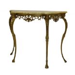 Gilt metal demi lune side table with green onyx shaped top