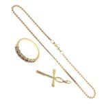 9ct gold bracelet, 9ct gold Ankh pendant, and a yellow metal dress ring