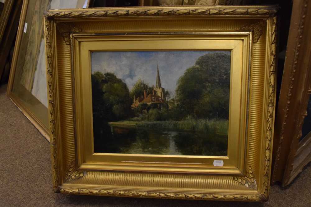 Late 19th Century oil on canvas, indistinctly signed, River Scene with church - Image 2 of 7