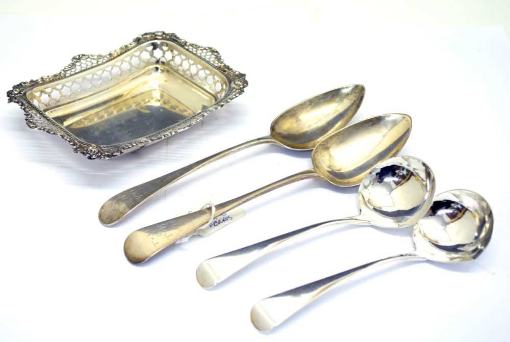 Late Victorian silver bonbon dish, two Exeter tablespoons and a pair of George III ladles
