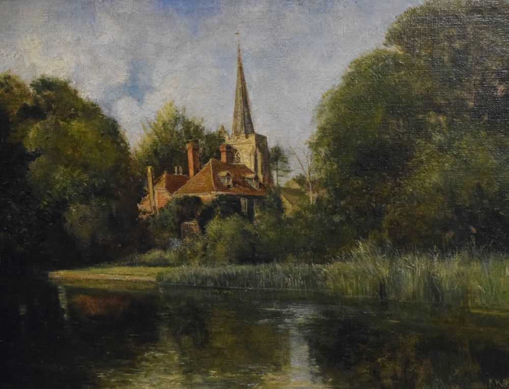 Late 19th Century oil on canvas, indistinctly signed, River Scene with church