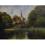 Late 19th Century oil on canvas, indistinctly signed, River Scene with church