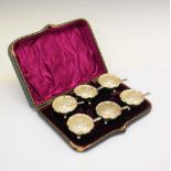 Cased set of six Victorian silver shell salts with original spoons