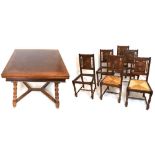 Mid 20th Century oak draw leaf dining table, together with six dining chairs