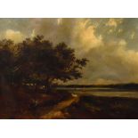 English School - 19th Century oil on canvas - Lakeside scene with figures on a path