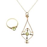 9ct gold peridot ring, and similar pendant on chain