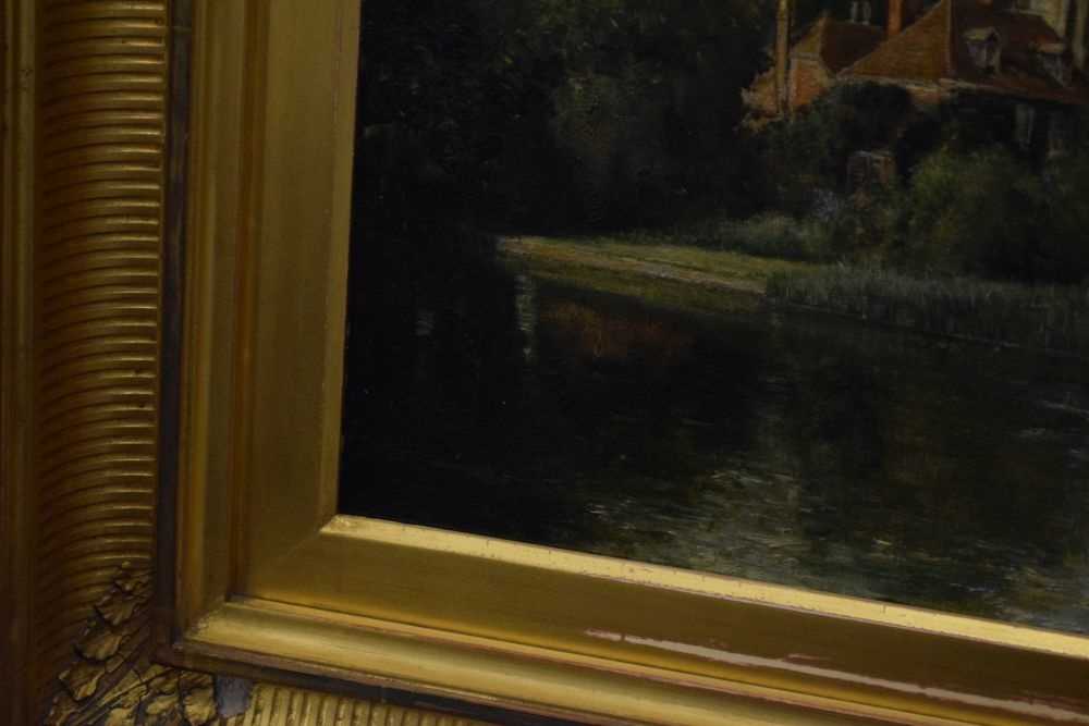 Late 19th Century oil on canvas, indistinctly signed, River Scene with church - Image 6 of 7