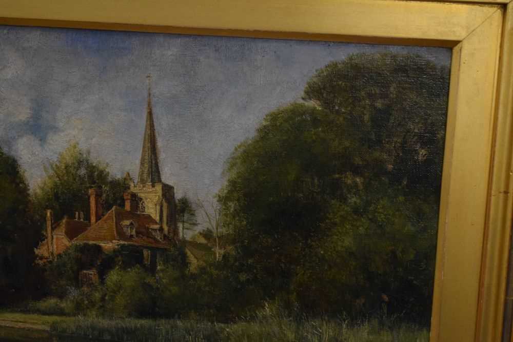 Late 19th Century oil on canvas, indistinctly signed, River Scene with church - Image 5 of 7