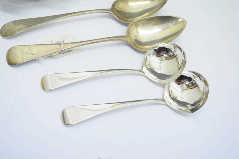Late Victorian silver bonbon dish, two Exeter tablespoons and a pair of George III ladles - Image 3 of 7