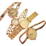 Three ladies gold watches, and gold-plated Seiko watch