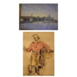 J.B. Christie - Watercolour - 'Marne Bridge 1917', together with a Portrait of a man
