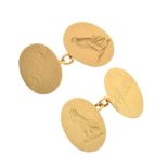 Pair of 18ct gold cufflinks engraved with falcons