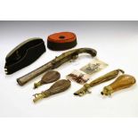 Indian flintlock pistol, Military cap, a quantity of shot, flasks, etc