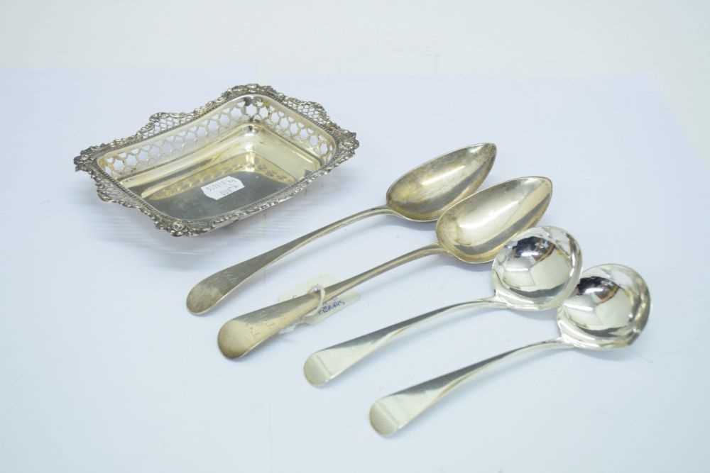 Late Victorian silver bonbon dish, two Exeter tablespoons and a pair of George III ladles - Image 2 of 7